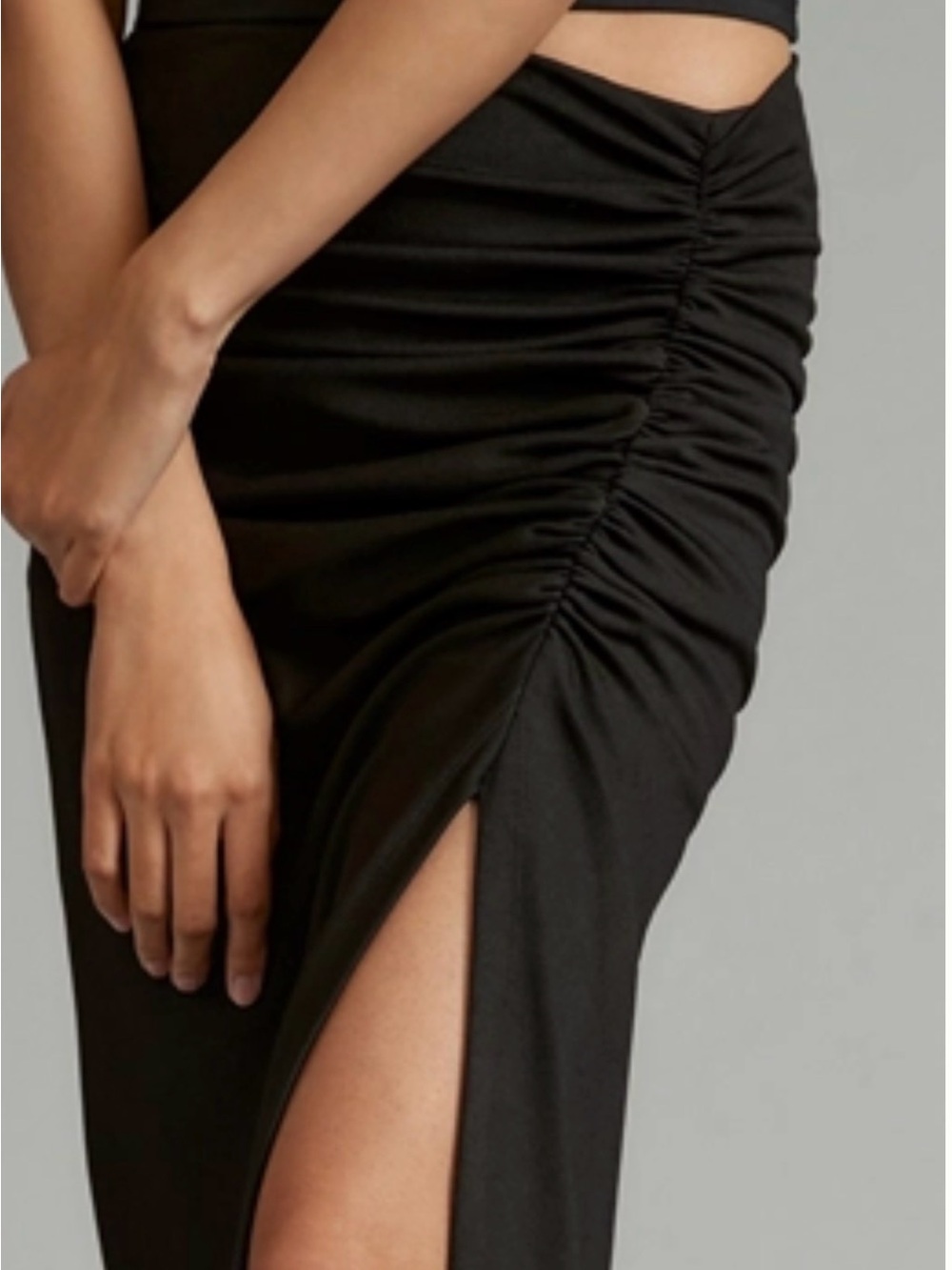 Anthropologie Black Ruched Midi Skirt with Side Slit